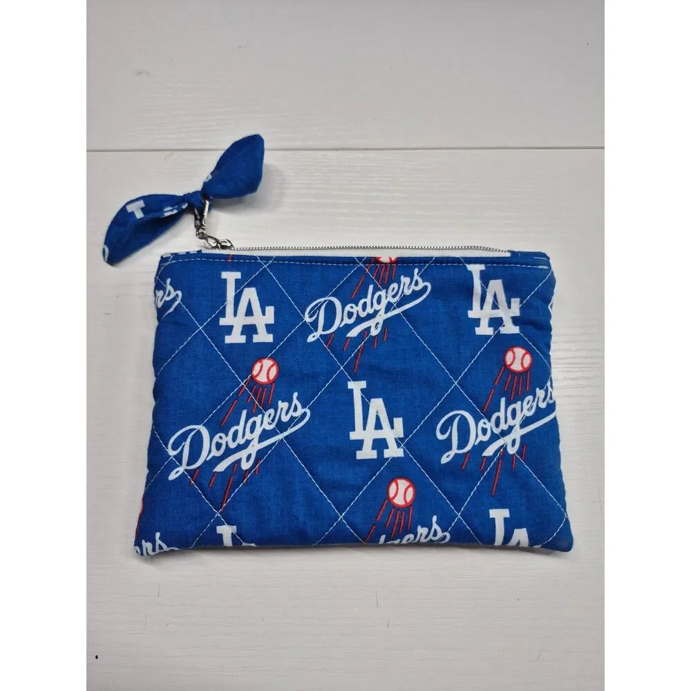 LA Blue Baseball Team Quilted Bow Pouch - Washable Cotton Makeup Bag